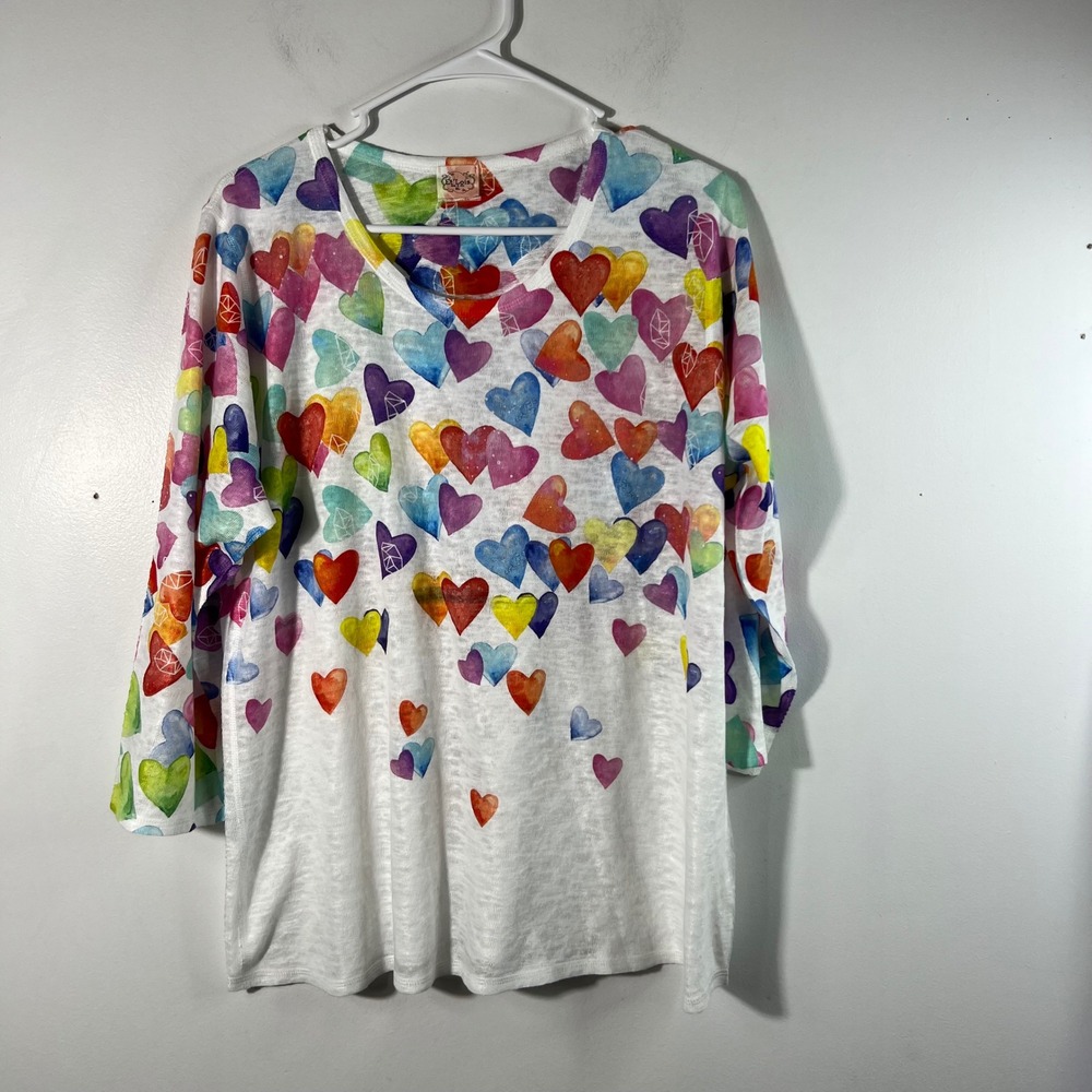 Womens Et Lois Heart Tunic 3/4 Sleeve White Multi XL USA Made Polyester NWOT